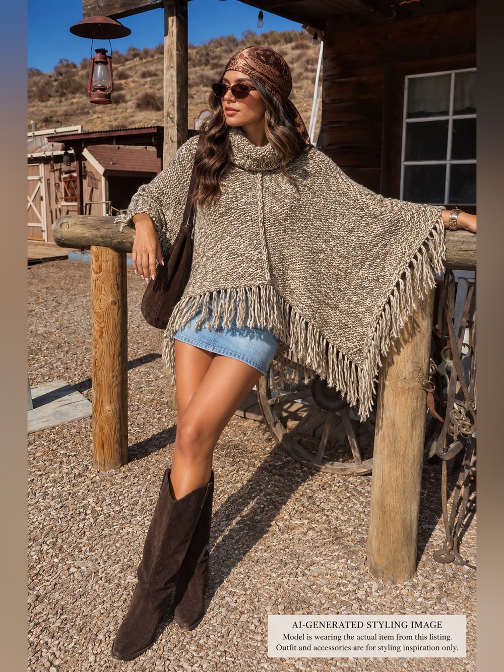 Chico’s Metallic Knit Cowl Neck Fringe Poncho Cape Sweater S/M